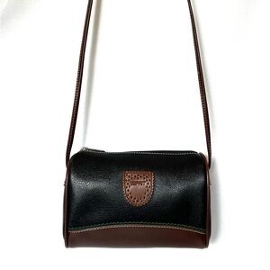 Vintage Esprit Mini Barrel Crossbody Bag Brown Black Leather Trim Retro 90s